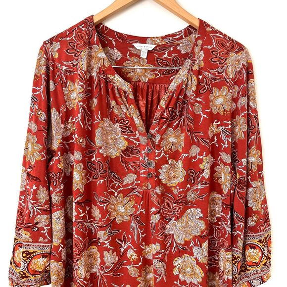 Lucky Brand Red Floral Print Bohemian Peasant Tunic Top Womens Size 2X - Picture 2 of 9